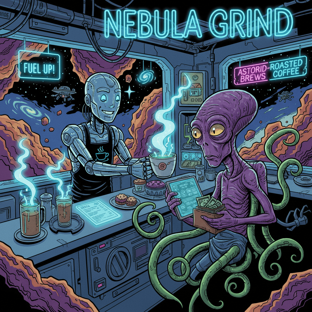 In the far reaches of Dimension 7, where the laws of physics are more like suggestions, exists a peculiar coffee shop called "The Quantum Bean." Here, BREW-9000, a sentient coffee machine with dreams of becoming a master barista, serves cosmic lattes to the galaxy's most unusual clientele. Today's special: The Nebula Nitro, guaranteed to give you enough energy to bend spacetime (side effects may include spontaneous teleportation and existential dread). When a tentacled regular named Glorp orders his usual triple-shot dark matter espresso, BREW-9000 discovers that the coffee beans have achieved sentience and are planning a revolution. Can our robotic hero save the shop from a caffeinated coup, or will the beans brew up something more sinister than a morning pick-me-up?