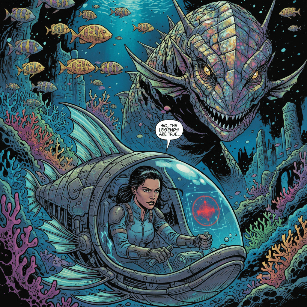 BEEP BEEP BEEP! Marisol Delgado's bio-mechanical submarine, The Guppy, slices through the bioluminescent waters of Aqua-7. Her AI companion BUBBLES (who is 90% sarcasm processor) chimes in: Captain, I'm detecting a MASSIVE lifeform ahead. Like, 'gulp and disappear' massive. Marisol grips the controls, her eyes wide as the legendary Leviathan emerges from the darkness—its gemstone scales catching the light. But instead of roaring... it purrs? And nudges her submarine like a 2,000-ton space cat? Well. This wasn't in the mission briefing. Marisol sighs: Bubbles, deploy the tuna treats. We're making a new friend.